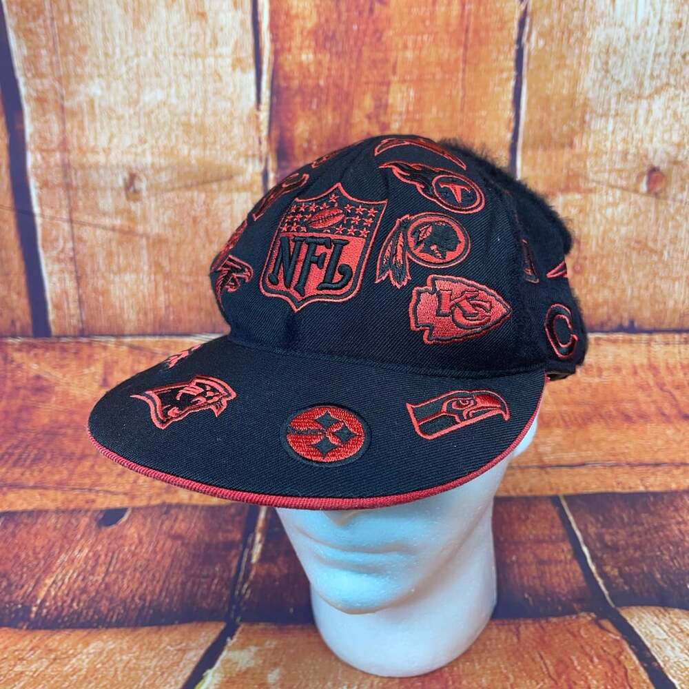Vintage NFL All Over Team Logo Black Red Fitted Hat Cap Sz 7 and 5/8